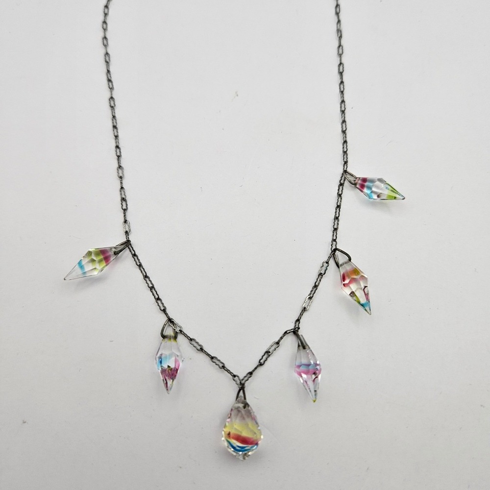 Vintage Silver Tone Multi Color Crystal Prism Necklace